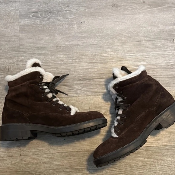 Aquatalia Lenore Hiker Boot Womens Size 7.5 Brown Fur Trim Winter Italy suede - Picture 6 of 9